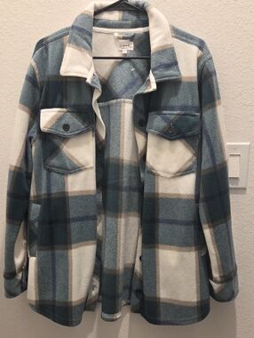 Plaid Shacket in Teal & Cream
